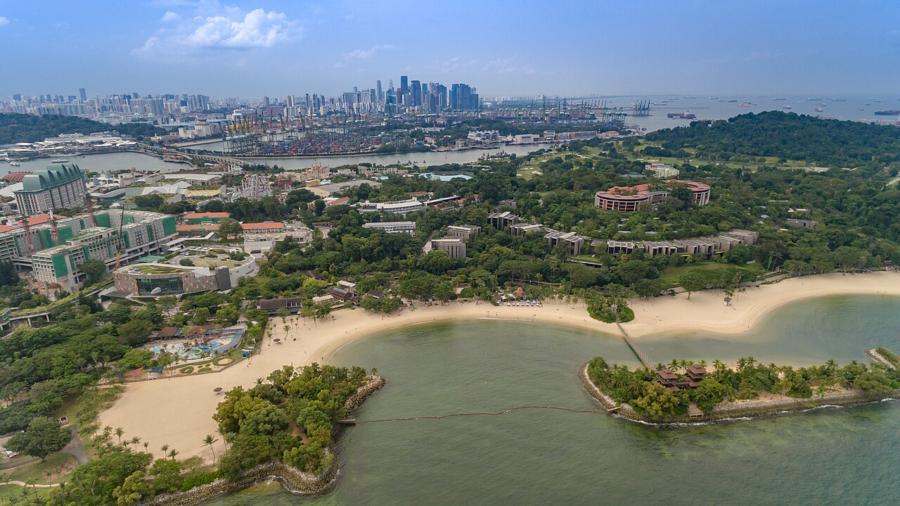 Palawan Beach on Sentosa island seen from the air
