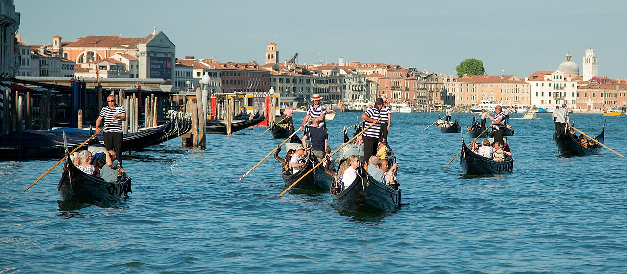 Gondolas moored along the Grand Canal in Venice